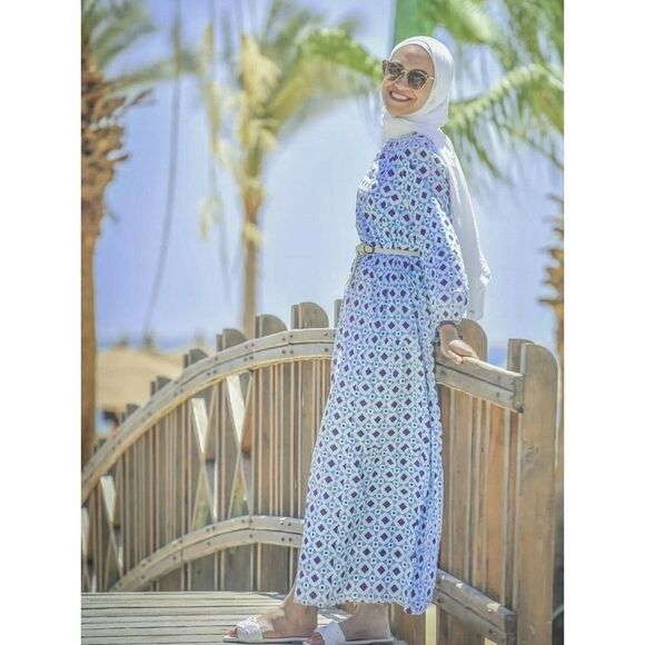 ZARA Print Dress Blue Geometry Print Long Sleeves - Picture 5 of 13